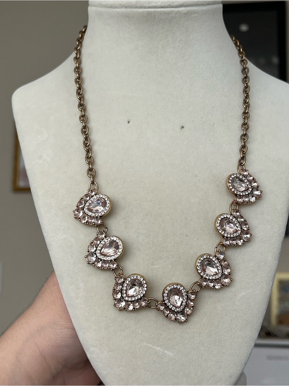 Gold Tone Champagne Statement Necklace Rhinestone Bib 22”